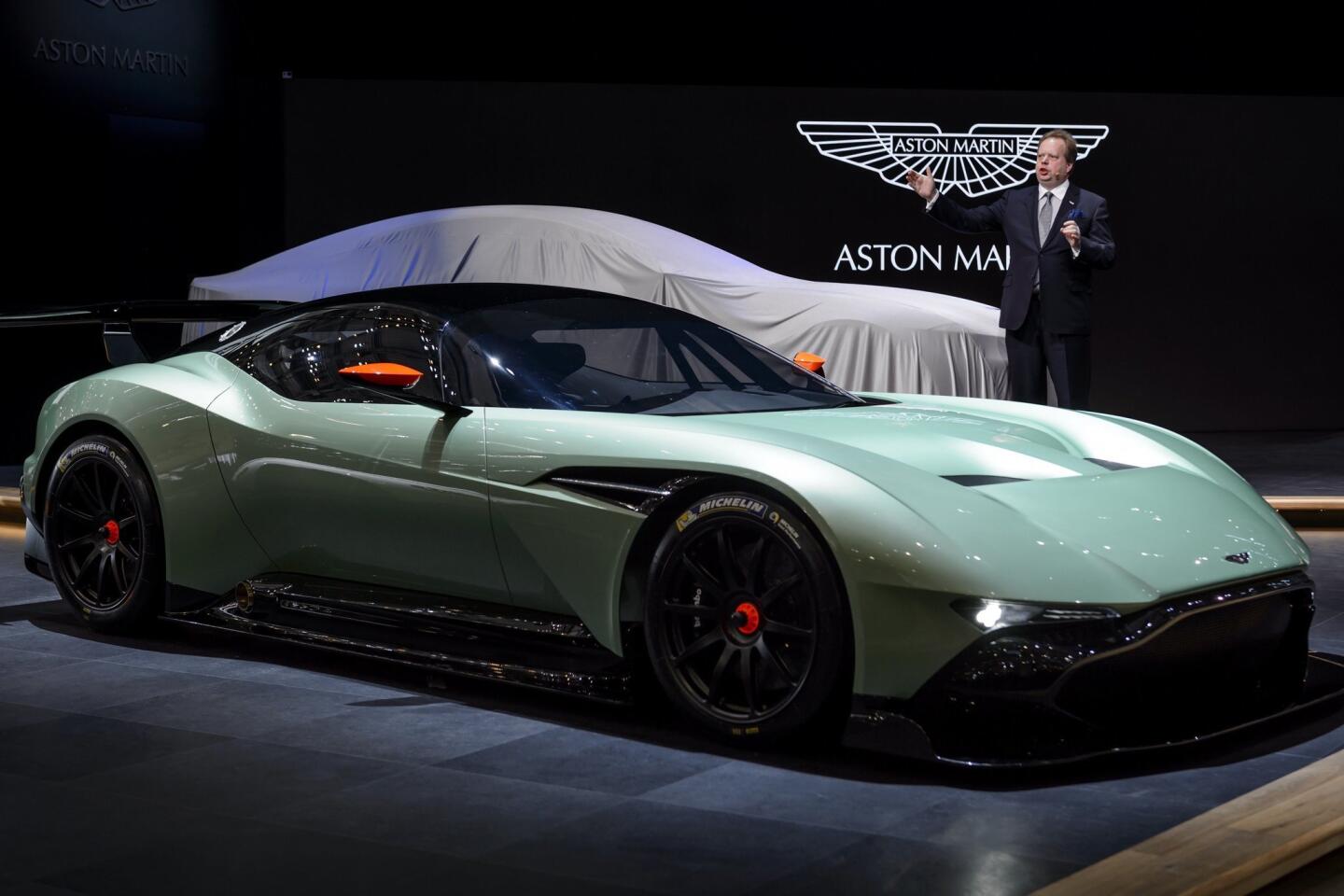 Aston Martin CEO Andy Palmer unveils the new Aston Martin Vulcan model on March 3 at the Geneva Auto Show.