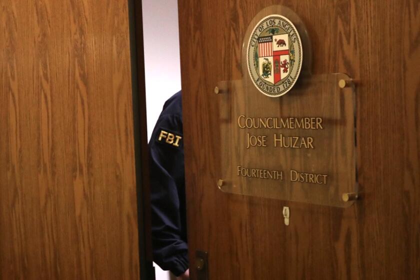 LOS ANGELES, CA - NOVEMBER 7, 2018 - - The FBI raid the office of Los Angeles City Councilman Jose Huizar at City Hall in downtown Los Angeles on November 7, 2018. According to FBI Special Assistant Agent David G. Nanz, the FBI were executing a court order to seize evidence from the councilmans office and that no arrests were made this morning. (Genaro Molina/Los Angeles Times)