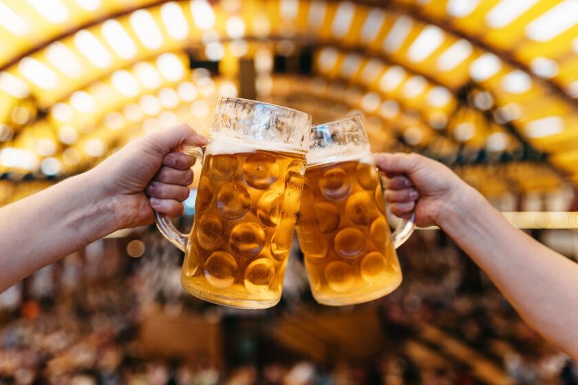 A photo of two hands clinking beer glasses