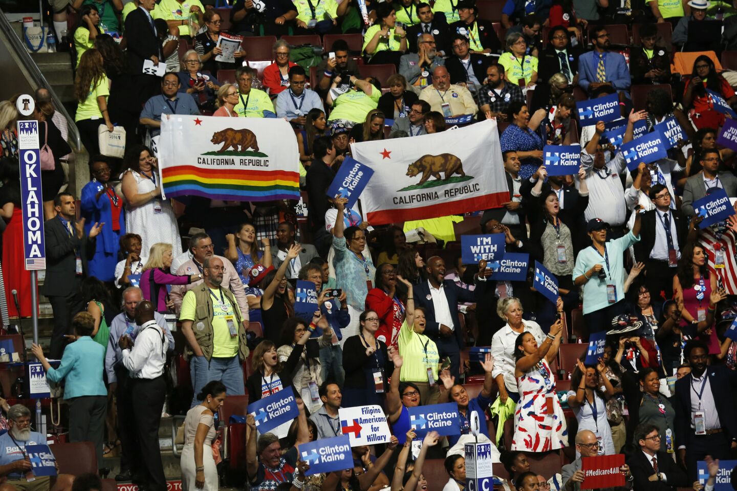 Members of the California delegation support Senator Barbara Boxer as she leaves the stage after speaking on the final night of the Democratic National Convention in Philadelphia.
