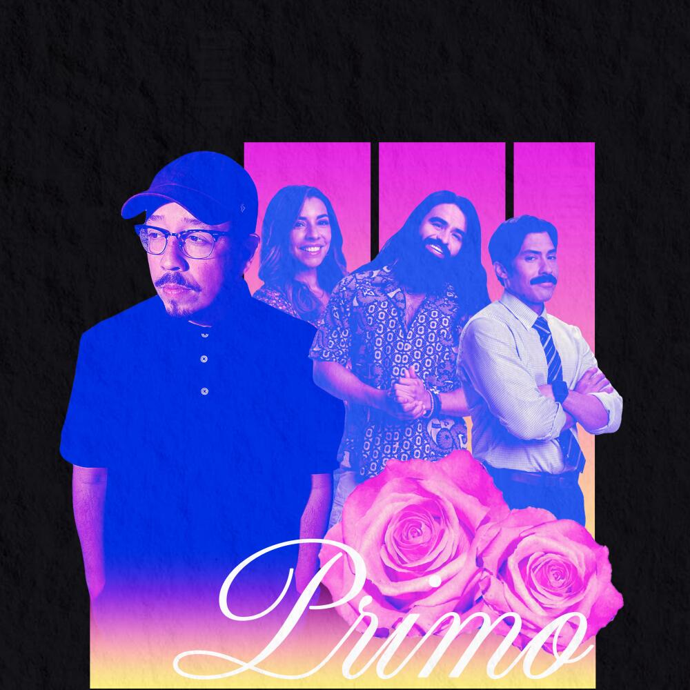 A graphic for "Primo" with four young Latino people on a lavender background with roses