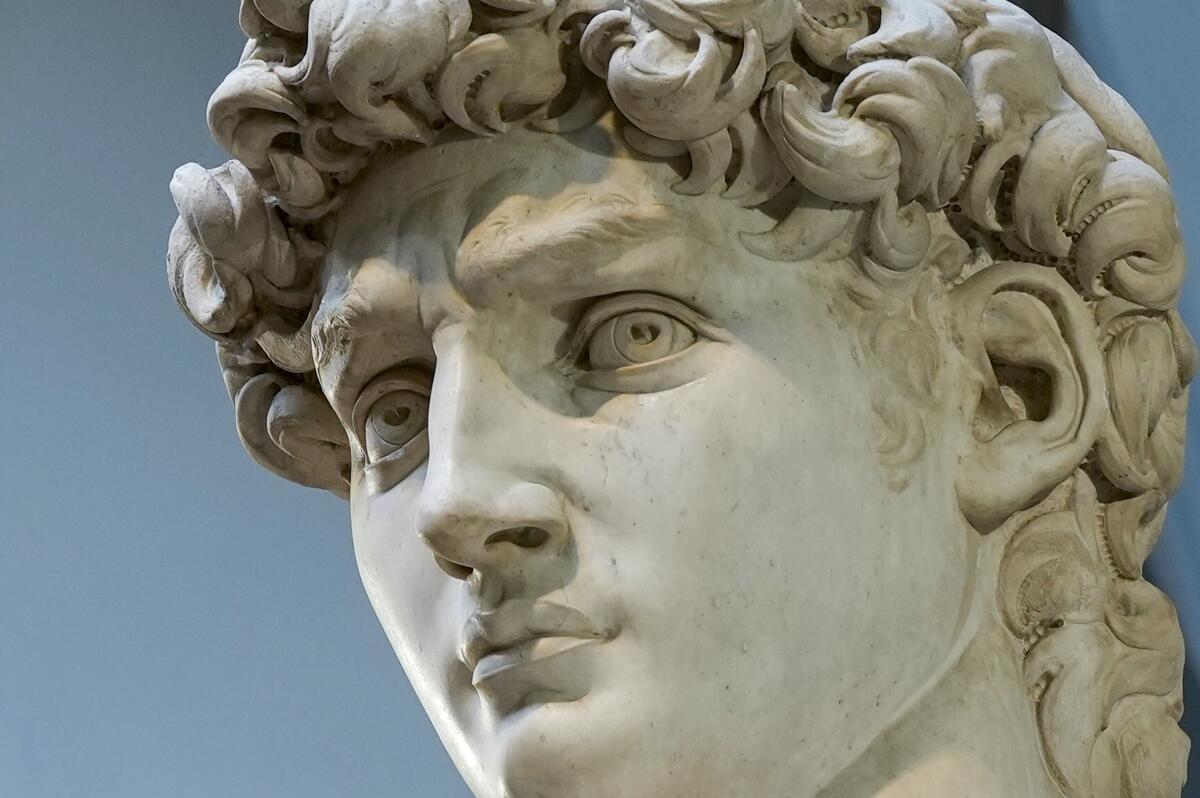 A detail of Michelangelo's 16th century statue of David on display in Florence, Italy