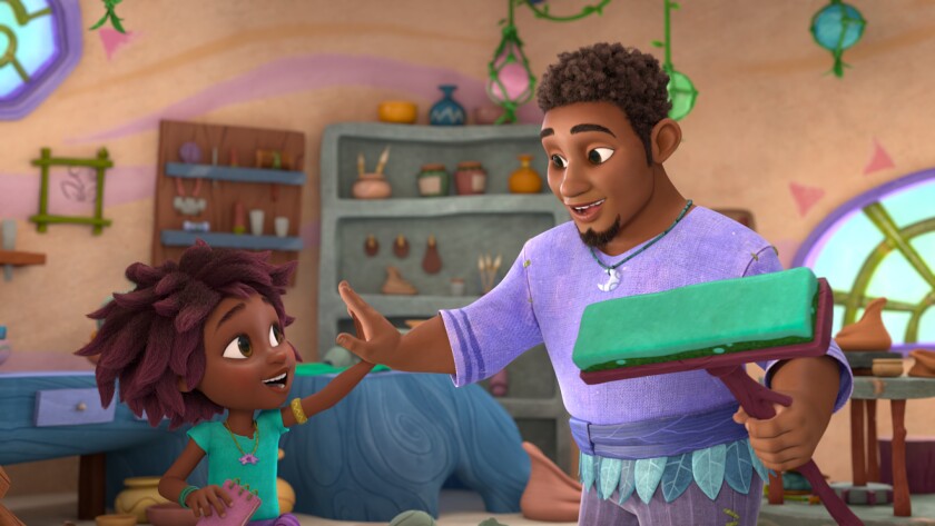 An animated dad high-fives his daughter with one hand and holds a broom in the other.