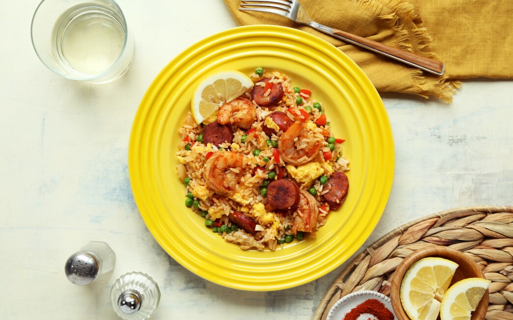 Shrimp and chorizo combine in this quick take on paella that gives you the crispiness of fried rice.