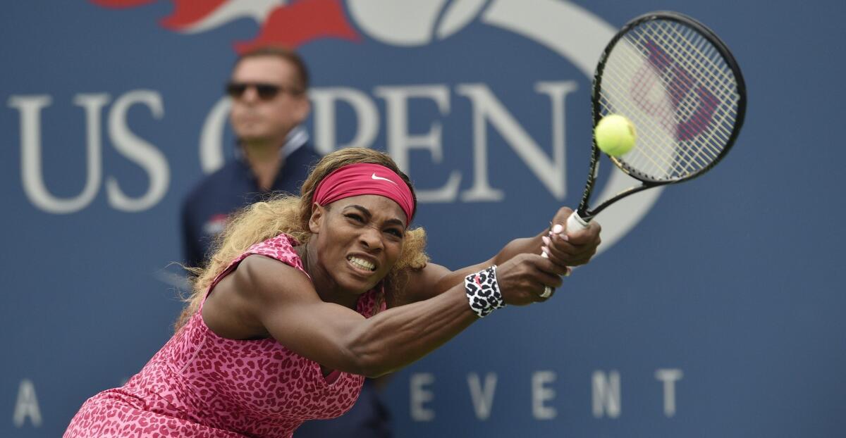 Serena Williams hits a return to Varvara Lepchenko during the U.S. Open on Saturday.