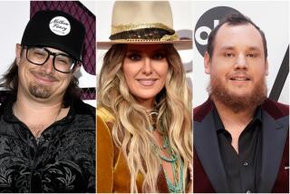 A split image of Hardy smiling in glasses and a hat, Lainey Wilson smiling in a cowboy hat and Luke Combs smiling in a suit