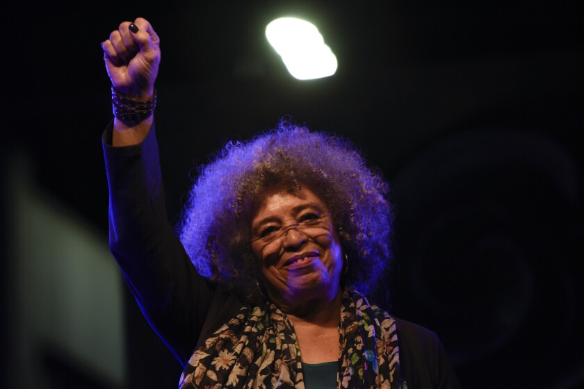 American political activist Angela Davis speaks during an open air rally