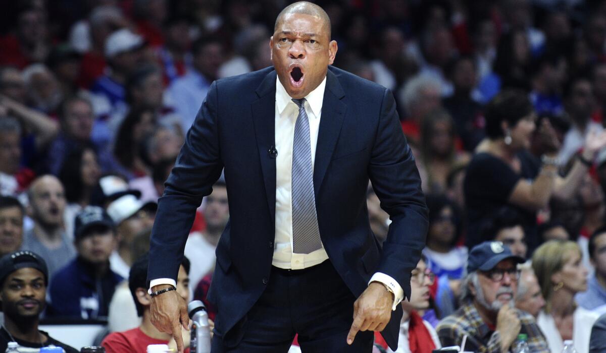 Clippers Coach Doc Rivers disagrees with a call during Game 5 of the playoff series against the Spurs on Tuesday night at Staples Center.