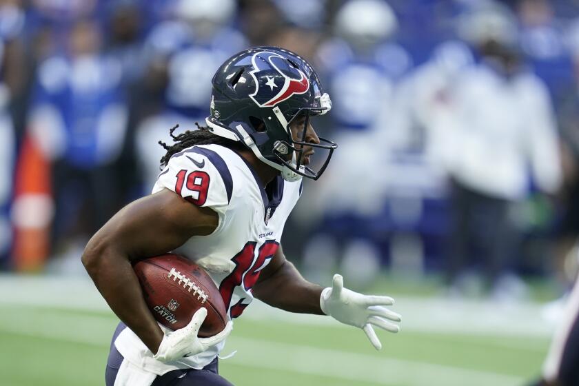 Houston Texans' Andre Roberts (19) runs during the second half of an NFL football game against the Indianapolis Colts, Sunday, Oct. 17, 2021, in Indianapolis. (AP Photo/Michael Conroy)