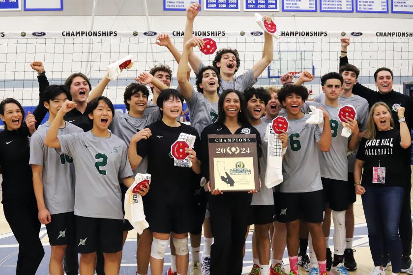 Sage Hill High School boys' volleyball team and coaches cheer after winning the 2024 CIF Southern Section Division 5 Boys volleyball final against San Marino High School boys' volleyball team at Cerritos College in Norwalk on Saturday, May 11, 2024. (Photo by James Carbone)