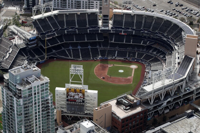SAN DIEGO, CA - MARCH 20: An aerial view of Petco Park stadium on March 20, 2020 in San Diego, California. Major League Baseball has postponed the beginning of the 2020 season due to the coronavirus (COVID-19) pandemic. Photo by Sean M. Haffey/Getty Images)