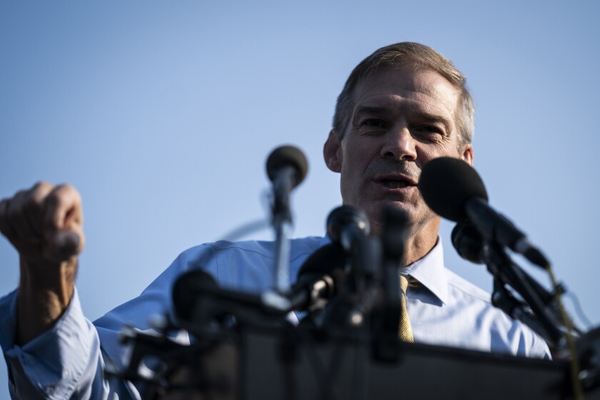 Rep. Jim Jordan speaks at a July news conference ahead of a meeting of the House select committee on the Jan. 6 attack. 