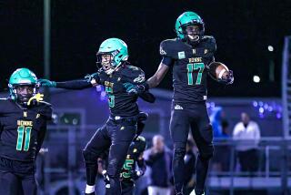 Ernest Nunley (17) makes the interception to start celebration with Narbonne teammates.