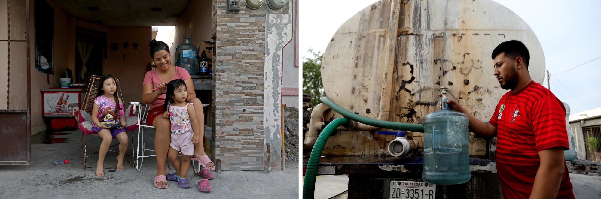 A woman brushes children's hair in a photo. A man fills a water bottle from a tanker truck in another photo.