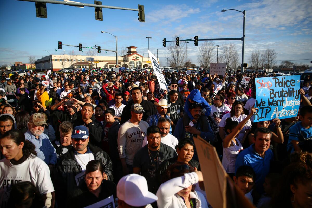 People attend a rally for Antonio Zambrano-Montes in Pasco, Wash. Zambrano-Montes was shot and killed by police on Feb. 10, 2015.