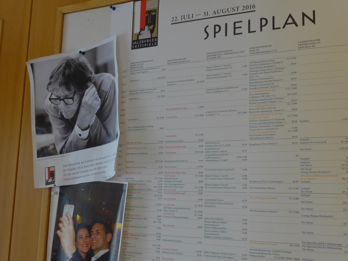 John Cage dominates the bulletin board in the press office of the Salzburg Festival.