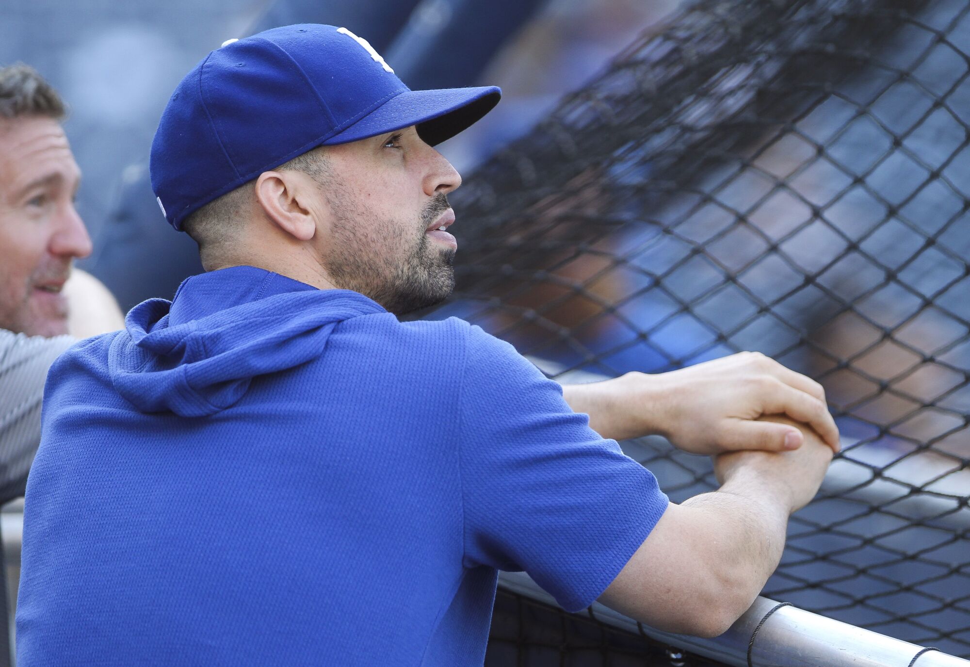 Dodgers hitting coach Robert Van Scoyoc watches batting practice in 2019.