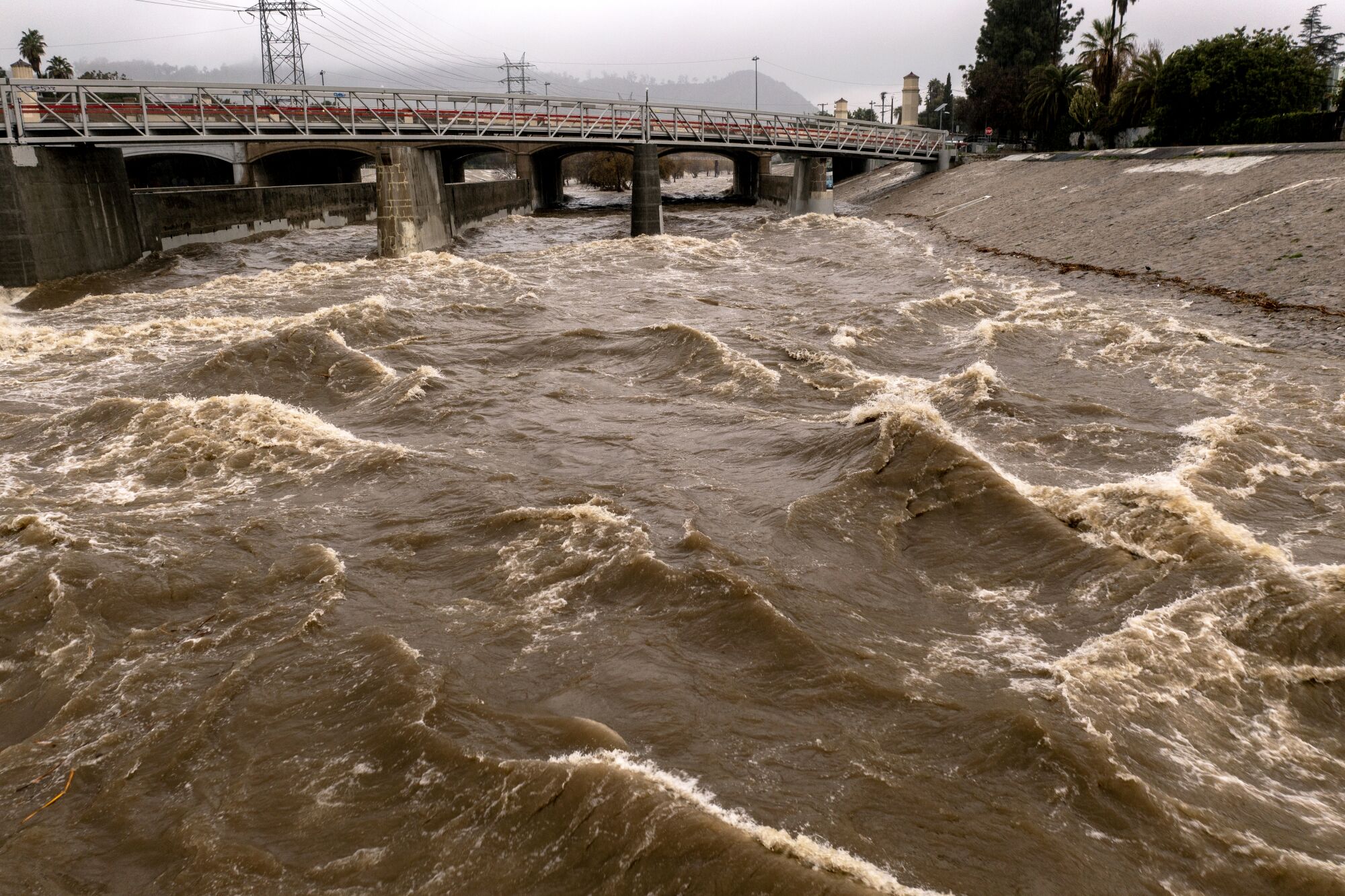 An aerial view of the Los Angeles River as the massive storm hits the West Coast on Thursday.