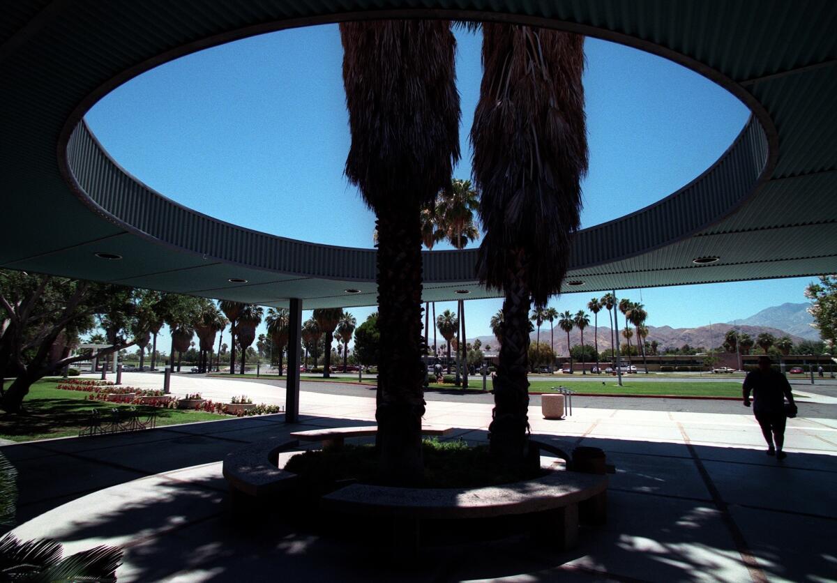 An FBI spokeswoman on Tuesday said criminal search warrants had been served at Palm Springs City Hall, whose entryway is shown.