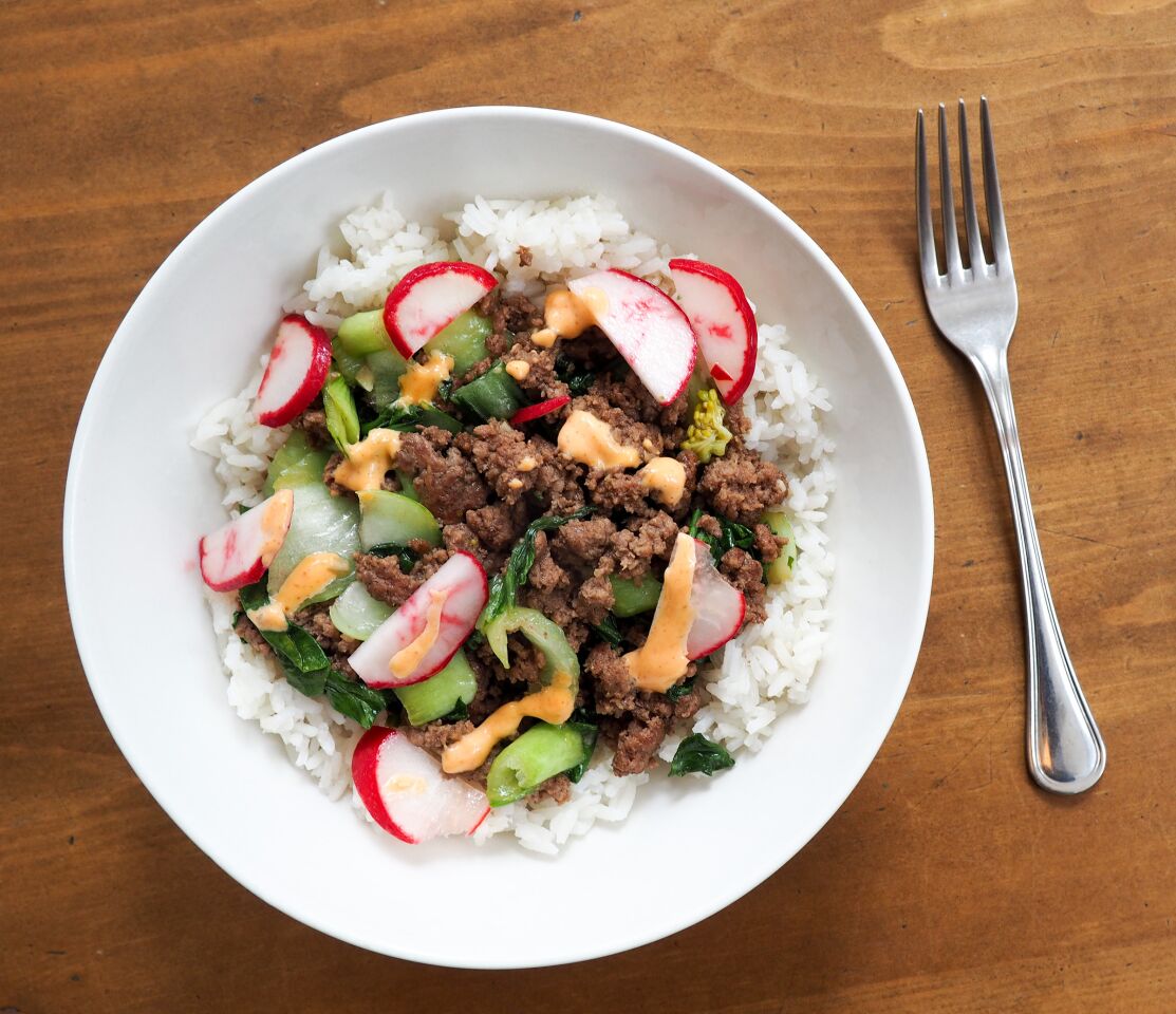 The Blue Apron savory beef and rice bowl with bok choy and spicy mayo.