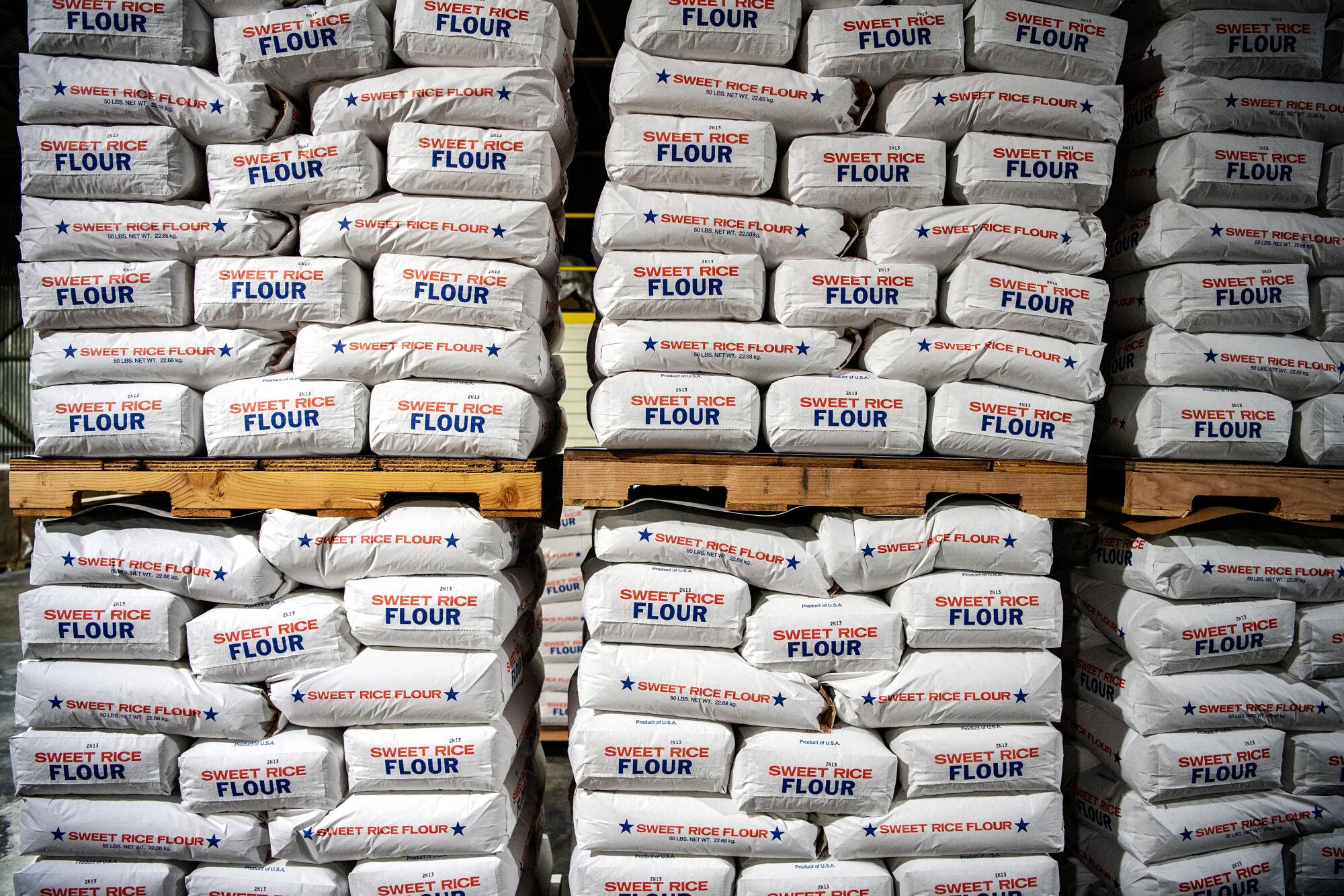 Pallets of packaged sweet rice flour at Koda Farms.