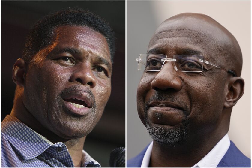 This combination of photos shows Herschel Walker, Republican candidate for U.S. Senate for Georgia, on May 23, 2022, in Athens, Ga., left, and Democratic nominee for U.S. Senate Sen. Raphael Warnock on Nov. 10, 2022, in Atlanta. Walker is running against Warnock in a runoff election. (AP Photo/Brynn Anderson)