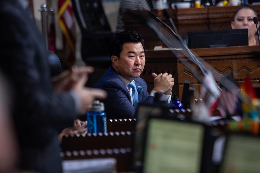 Los Angeles, CA., December 4, 2019: Los Angeles City Councilman Mitch O'Farrell addresses City Council and directly Councilman David Ryu over concerns about the upcoming vote on Wednesday, December 4, 2019. The Los Angeles City Council voted Wednesday on a new law that will crack down on campaign contributions from real estate developers seeking city approval for their projects. (Jason Armond / Los Angeles Times)