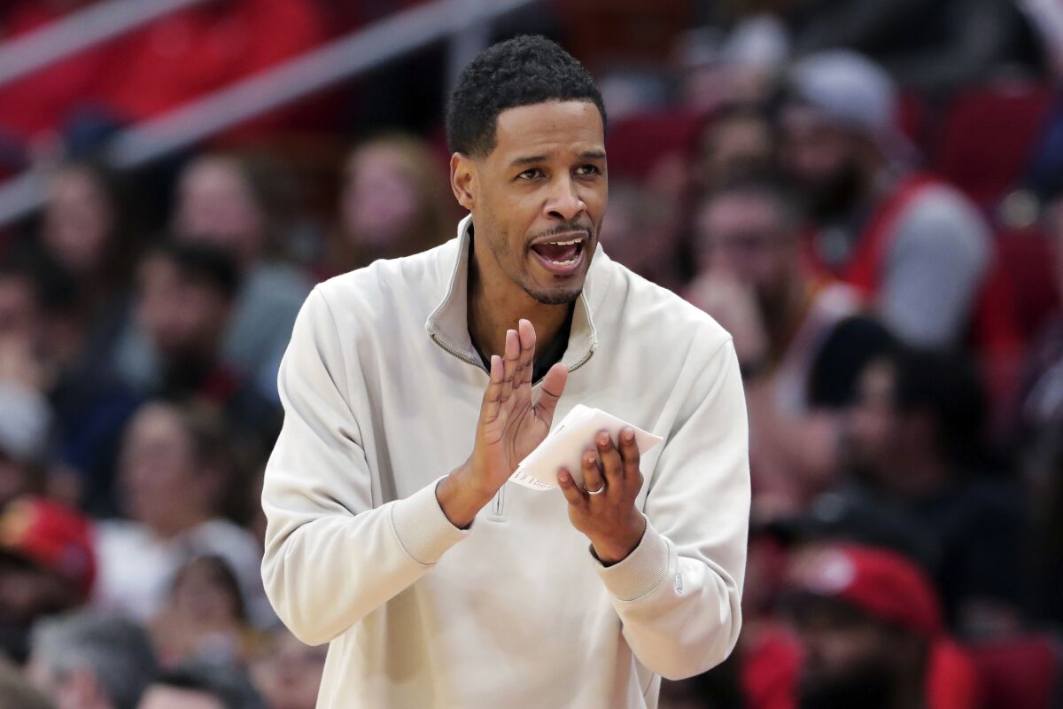 Houston Rockets head coach Stephen Silas during the second half of an NBA basketball game against the New Orleans Pelicans, Sunday, Dec. 5, 2021, in Houston. (AP Photo/Michael Wyke)
