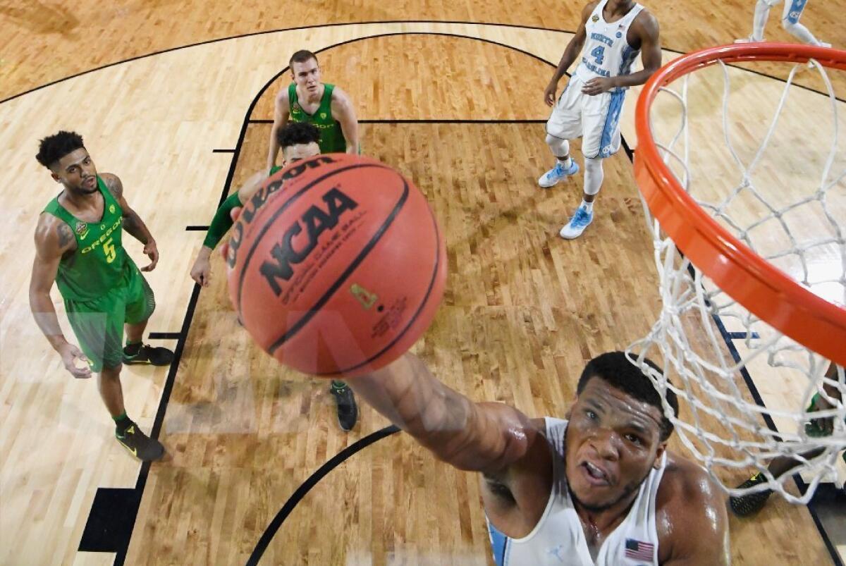 North Carolina's Kennedy Meeks goes up with the ball against Oregon during a Final Four game on April 1 in Glendale, Ariz.