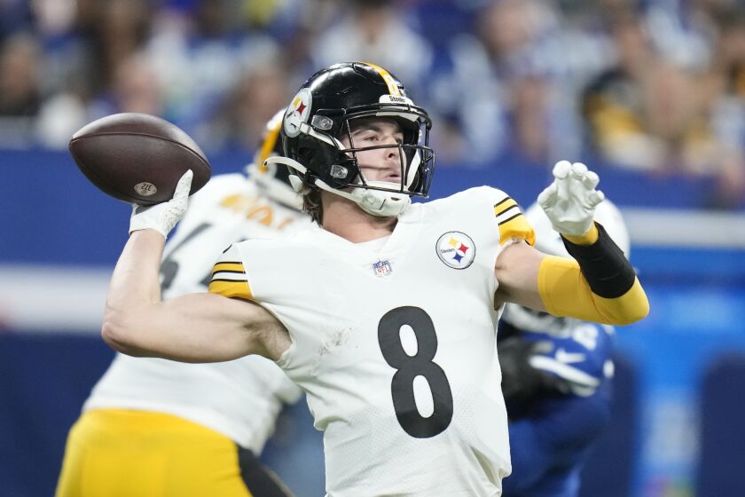 Pittsburgh Steelers quarterback Kenny Pickett throws during the first half of an NFL football game against the Indianapolis Colts, Monday, Nov. 28, 2022, in Indianapolis. (AP Photo/Michael Conroy)