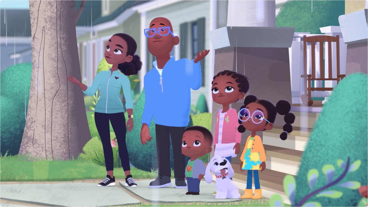 Two adults, three young children and a small white dog stand near the steps of a porch looking upward as rain falls.