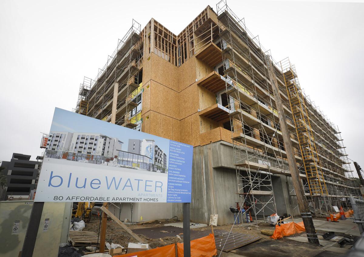 An apartment building under construction, with a large sign that says "Bluewater" and shows a rendering.