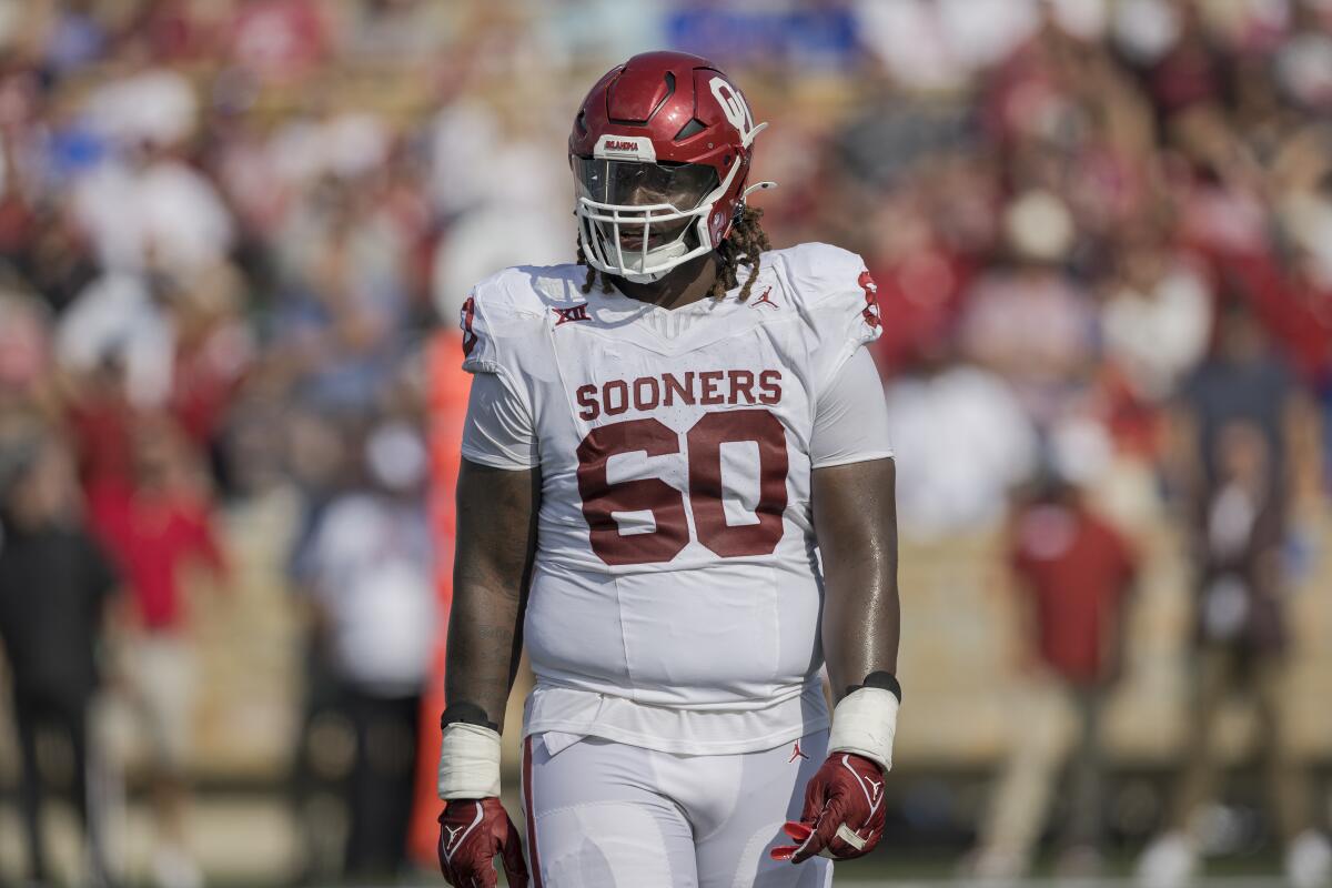 Oklahoma offensive lineman Tyler Guyton (60) during the first half of a game against Tulsa.
