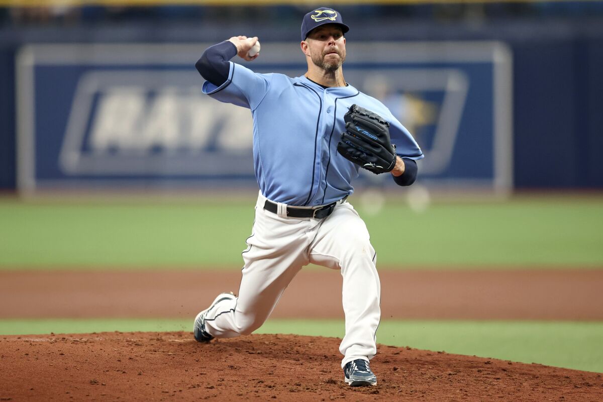 Tampa Bay Rays starting pitcher Corey Kluber throws during the second inning of a baseball game against the Baltimore Orioles, Sunday, April 10, 2022, in St. Petersburg, Fla. (AP Photo/Mike Carlson)