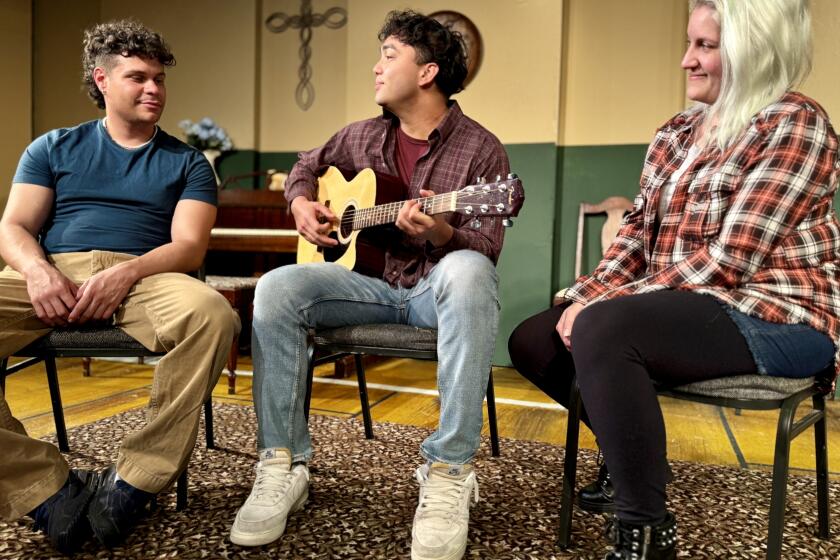 Marcel Ferrin, left, Jaden Guerrero and Emily Candia in OnStage Playhouse's "Harvest."