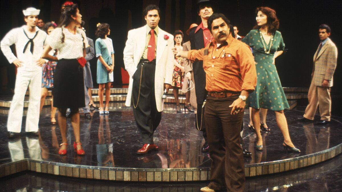 Luis Valdez with the cast of the 1978 production of "Zoot Suit" at the Mark Taper Forum. (Jay Thompson)