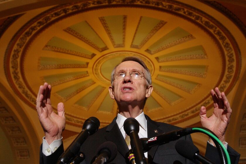 FILE - Senate Majority Leader Harry Reid of Nev., gestures during a news conference on Capitol Hill in Washington, on June 26, 2007. Reid, the former Senate majority leader and Nevada’s longest-serving member of Congress, has died. He was 82. (AP Photo/Dennis Cook, File)