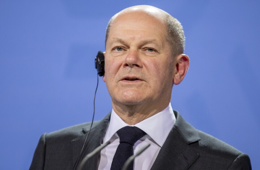 FILE - German Chancellor Olaf Scholz speaks during a press conference with Prime Minister of the Netherlands Mark Rutte after a meeting in the Federal Chancellery in Berlin, Jan. 13, 2022. East Germany's secret police kept extensive records on Chancellor Olaf Scholz when he was a senior member of the West German Social Democratic Party’s youth wing in the 1970s and 80s, German tabloid Bild reported Thursday Jan. 13, 2022. (Andreas Gora/ddp via AP, File)