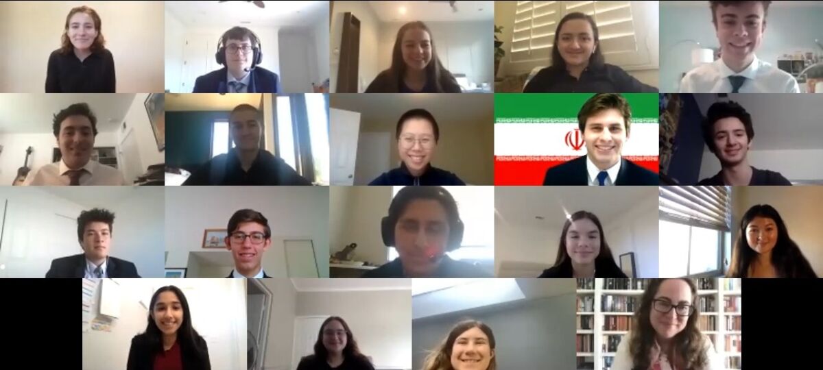 Members of the Disarmament and International Security Council discuss international small arms trades during the Torrey & Triton Virtual Model United Nations Conference.