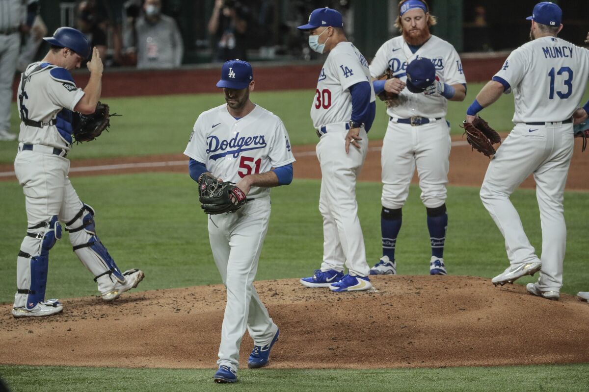 Dodgers reliever Dylan Floro exits the game in the third inning of Game 2 of the World Series.