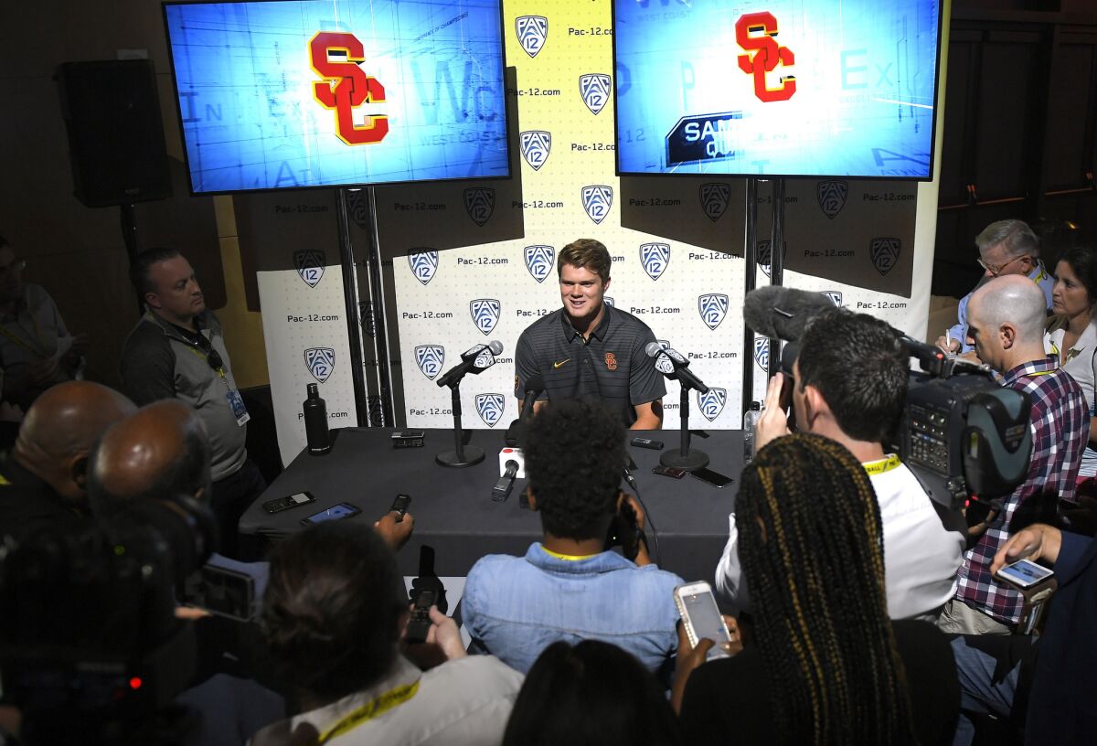 USC quarterback Sam Darnold speaks at Pac-12 media days in Hollywood. (Mark J. Terrill / Associated Press)