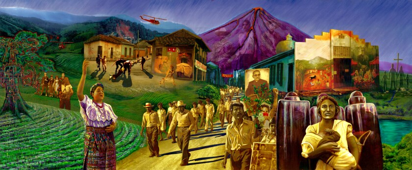 A colorful painting of people walking along a path amid hills and small structures 