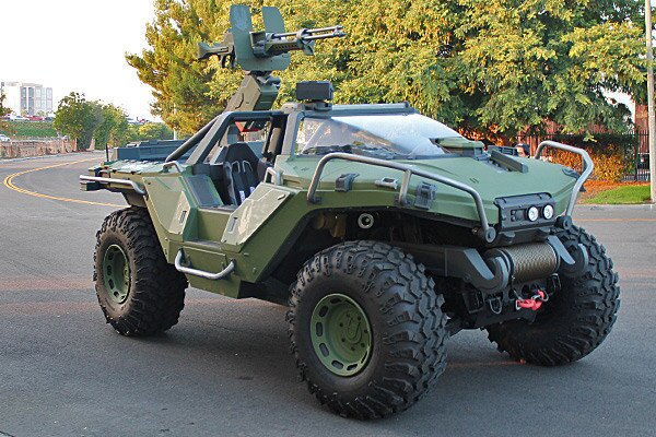 Built on the chassis of a Hummer H1, this real-life "Halo" Warthog is almost 8 feet tall, more than 8 feet wide and more than 17 feet long.
