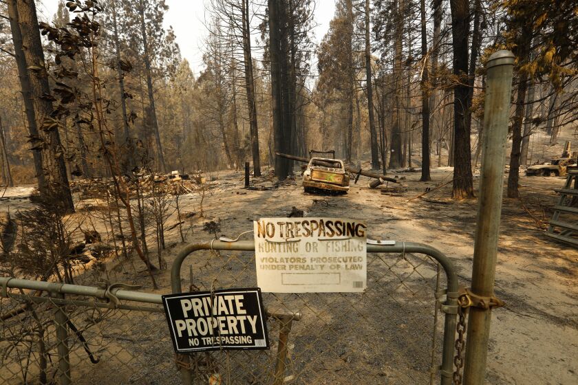 Berry Creek, California-Sept. 17, 2020-In the town of Berry Creek, the North Complex fire destroyed the homestead of Kristal Buchholz, 43, her mother Kathy Bartley, age 62, and her step-father a Vietnam veteran who likes the solitude. "He's able to be a hermit up there." They are now staying in Oroville at a Motel 6. The town of Berry Creek was devastated by the North Complex fire in early September 2020. (Carolyn Cole/Los Angeles Times)