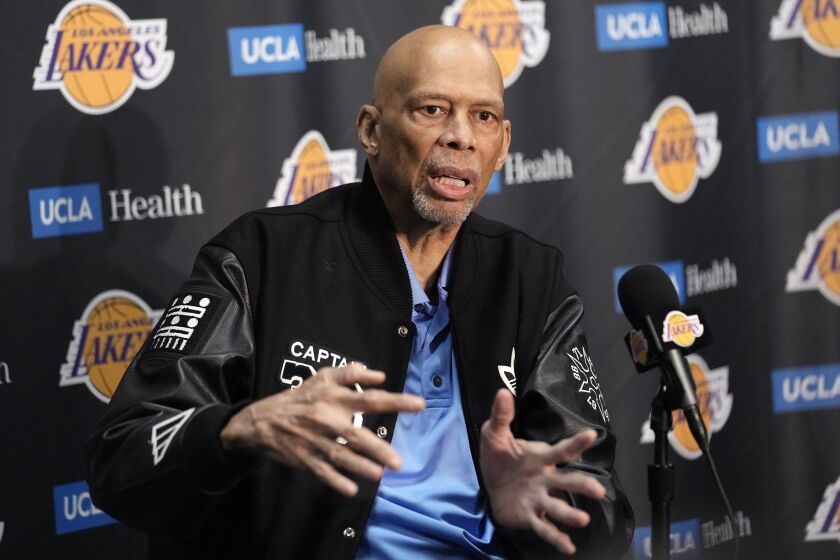 Kareem Abdul-Jabbar speaks during a news conference prior to an NBA basketball game between the Los Angeles Lakers and the Milwaukee Bucks Thursday, Feb. 9, 2023, in Los Angeles. (AP Photo/Mark J. Terrill)