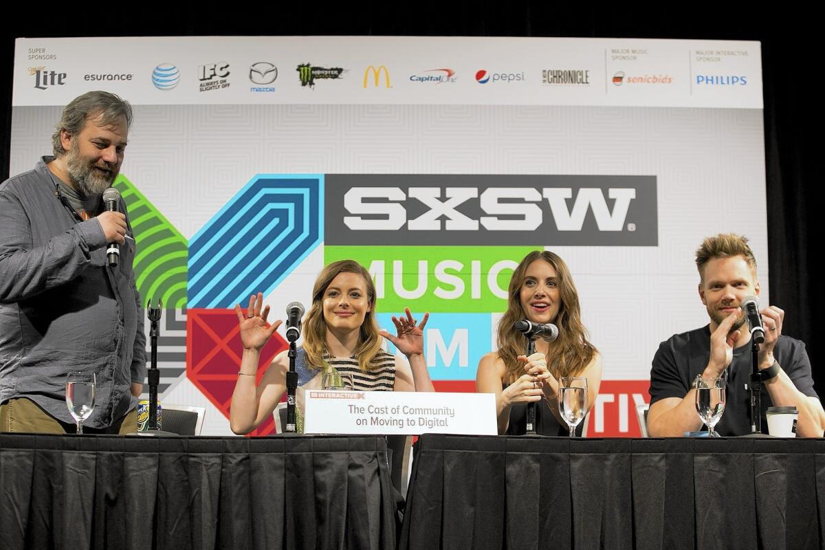 "Community"; creator Dan Harmon, from left, moderates a panel with Gillian Jacobs, Alison Brie and Joel McHale at SXSW on March 15, 2015, in Austin, Texas.