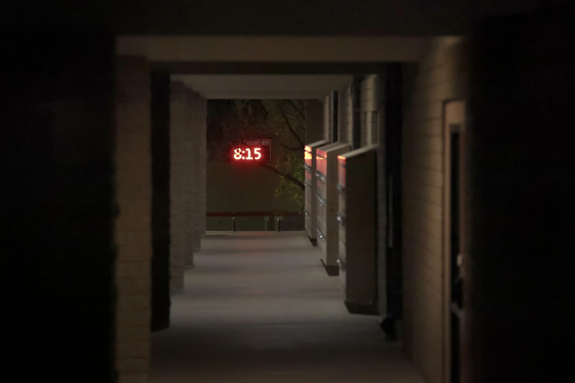 An empty, darkened hallway at Mission Viejo High School