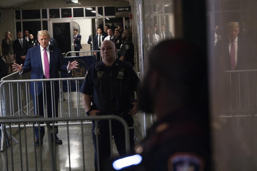 Former President Donald Trump arrives at Manhattan criminal court in New York, Friday, April 19, 2024. (Maansi Srivastava/The New York Times via AP, Pool)