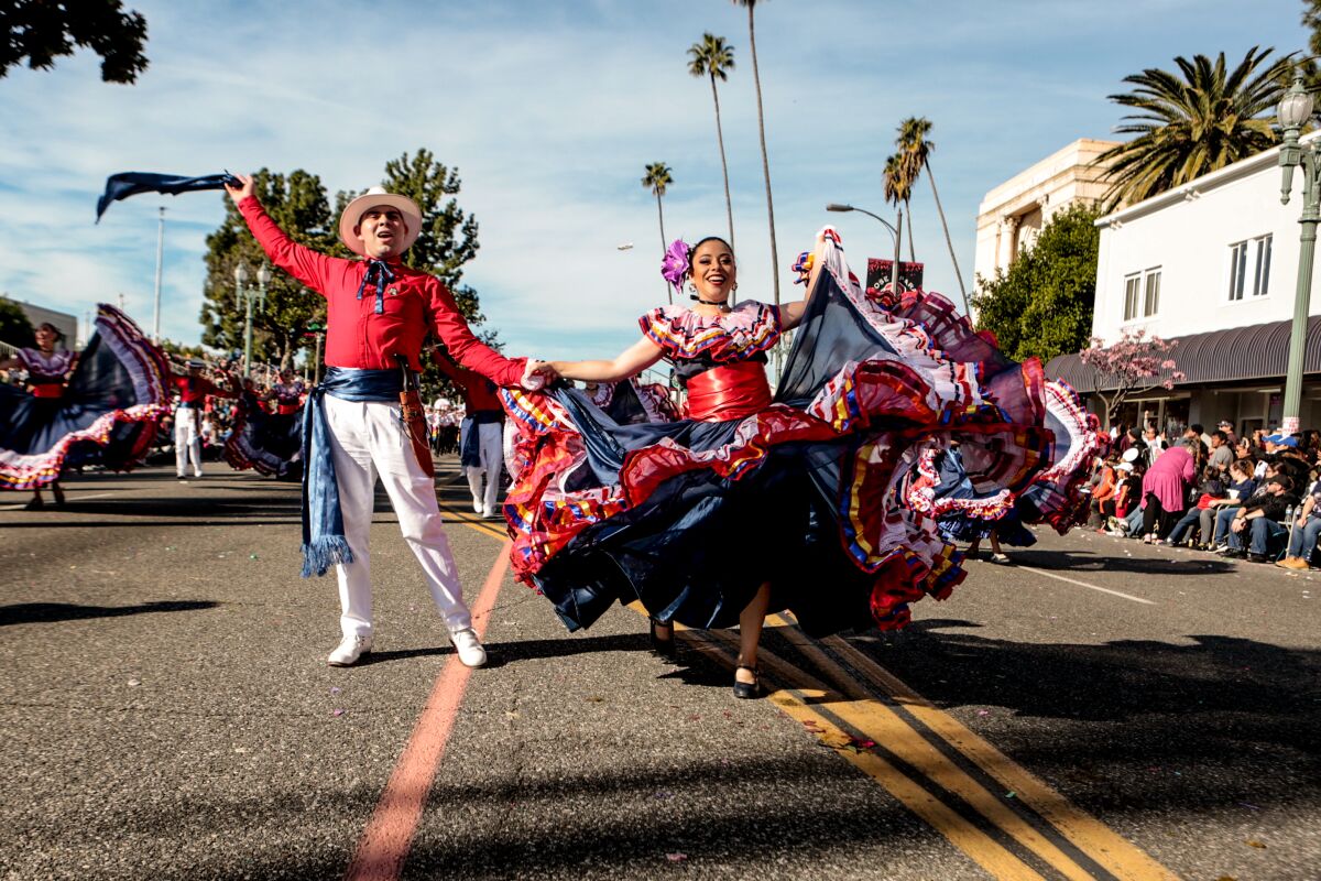 Dancers with a band during the 2020 Rose Bowl Parade.