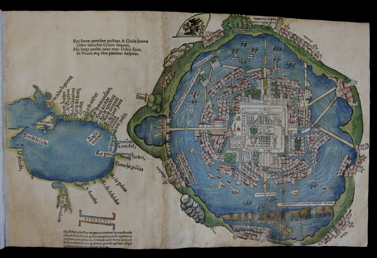 A foldout page with drawings depicting a map of an island-city, with a body of water to the left 